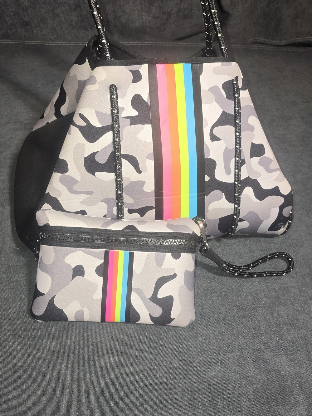 Haute Shore Greyson Neoprene Tote Bag Grey Camo Neon Stripe Wristlet Pouch Set